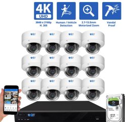 GW Security 16 Channel NVR Security Camera System with 12 * 8MP IP Dome 2.7-13.5mm Motorized Lens Camera, Human / Vehicle Detection, 5X Optical Zoom, Built-In Mic, Vandal-Proof, PoE