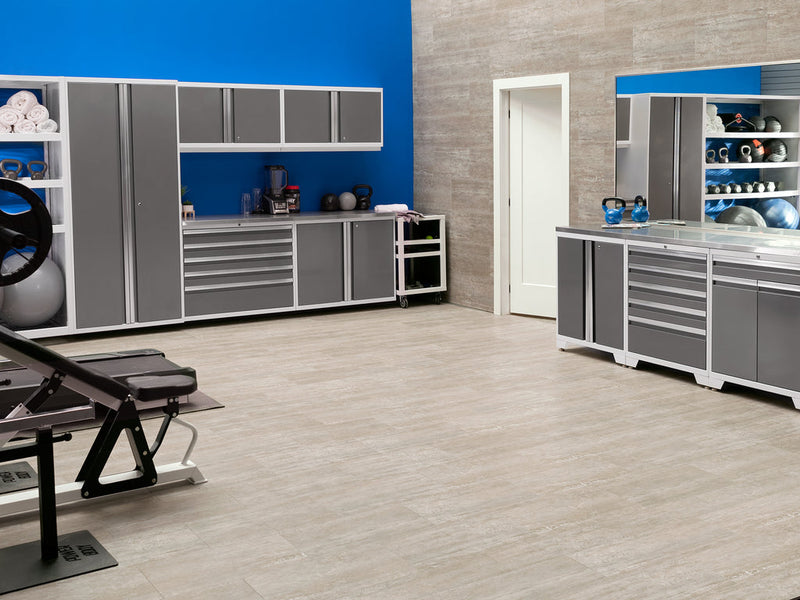 NewAge Pro Series 9 Piece Cabinet Set with Wall, Base, Tool Drawer Cabinet, 56 in. Integrated Shelf and 112 in. Worktop