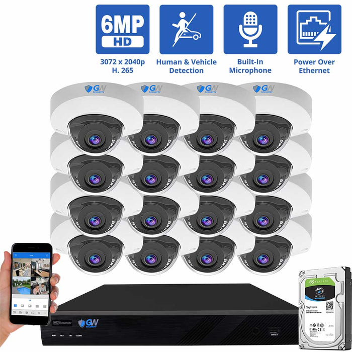 GW Security 16 Channel NVR Security Camera System with 16 * 6MP IP Mini Dome 2.8mm Fixed Lens Camera, Human & Vehicle Detection, Built-In Microphone