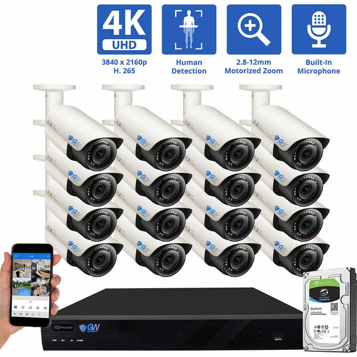 GW Security 16 Channel NVR Security Camera System with 16 * 8MP IP Bullet 2.8-12mm Motorized Lens Camera, Human Detection, 4X Optical Zoom, Built-In Microphone, PoE