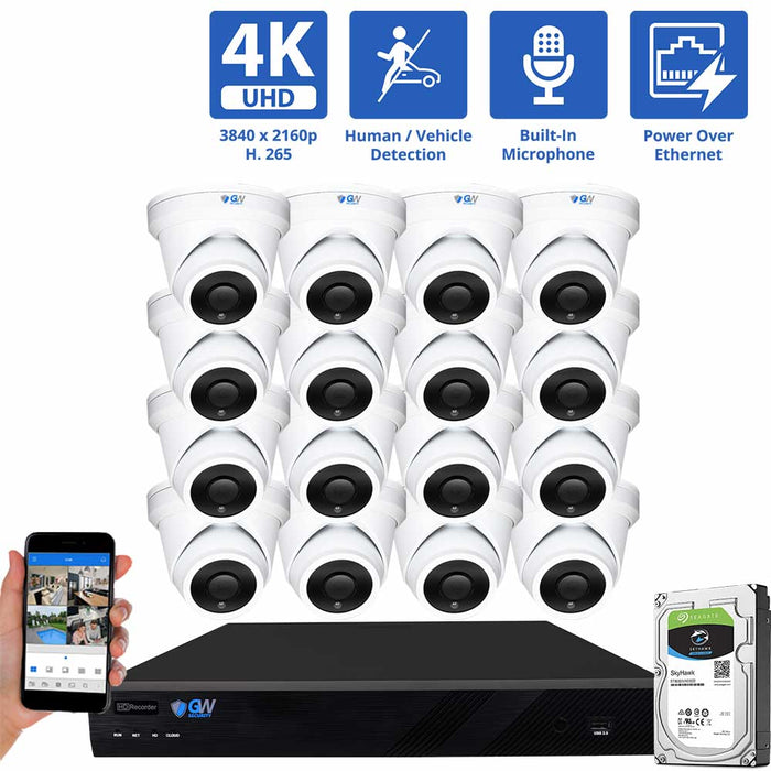 GW Security 16 Channel NVR Security Camera System with 16 * 8MP IP Turret 2.8mm Fixed Lens Camera, Human / Vehicle Detection, Built-In Microphone, PoE