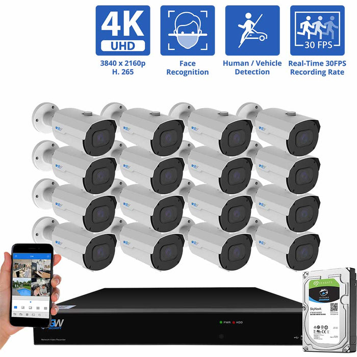 GW Security 16 Channel NVR Security Camera System with 16 * 8MP IP Bullet 2.7mm-13.5mm Motorized Lens Camera, Face Recognition, Human / Vehicle Detection, 5X Optical Zoom, Two-Way Audio Support, 30 FPS Recording Rate