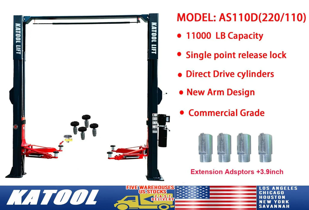 Katool KT-AS110D Two Post Asymmetrical Vehicle Lift 11,000lbs Single Point Lock Release