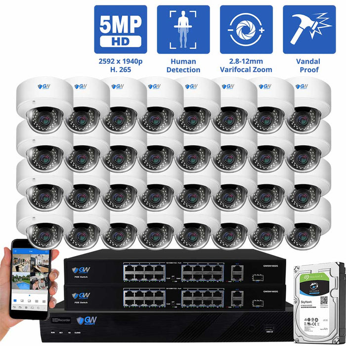 GW Security 32 Channel NVR Security Camera System with 32 * 5MP IP Dome 2.8-12mm Varifocal Lens Camera, Human Detection, 4X Optical Zoom, Built-In Microphone, Vandal-Proof, PoE