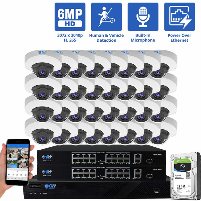 GW Security 32 Channel NVR Security Camera System with 32 * 6MP IP Mini Dome 2.8mm Fixed Lens Camera, Human & Vehicle Detection, Built-In Microphone