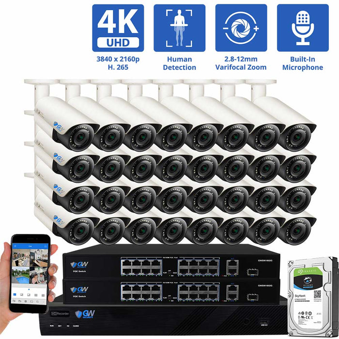 GW Security 32 Channel NVR Security Camera System with 32 * 8MP IP Bullet 2.8-12mm Varifocal Lens Camera, Human / Vehicle Detection, 4X Optical Zoom, Built-In Microphone, PoE