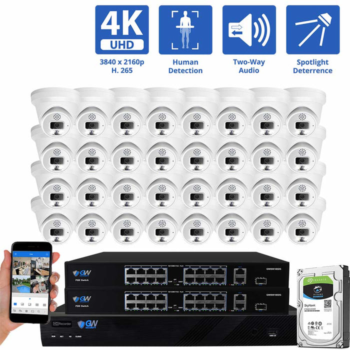 GW Security 32 Channel NVR Security Camera System with 32 * 8MP IP Turret 2.8mm Fixed Lens Camera, Two-Way Audio, Full-time Color Night Vision, Spotlight, PoE