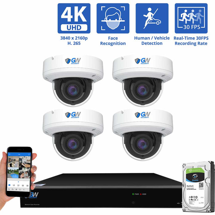 GW Security 8 Channel NVR Security Camera System with 4 * 8MP IP Dome 2.7mm-13.5mm Motorized Lens Camera, Face Recognition, Human / Vehicle Detection, 5X Optical Zoom, Two-Way Audio Support, 30 FPS Recording Rate