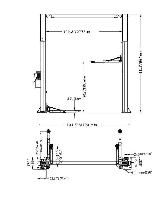 Katool KT-AS110D Two Post Asymmetrical Vehicle Lift 11,000lbs Single Point Lock Release