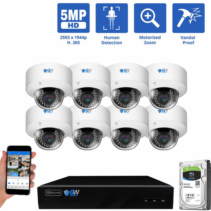 GW Security 8 Channel NVR Security Camera System with 8 * 5MP IP Dome 2.8-12mm Motorized Lens Camera, Human Detection, 4X Motorized Zoom, Built-In Microphone, Vandal-Proof, PoE