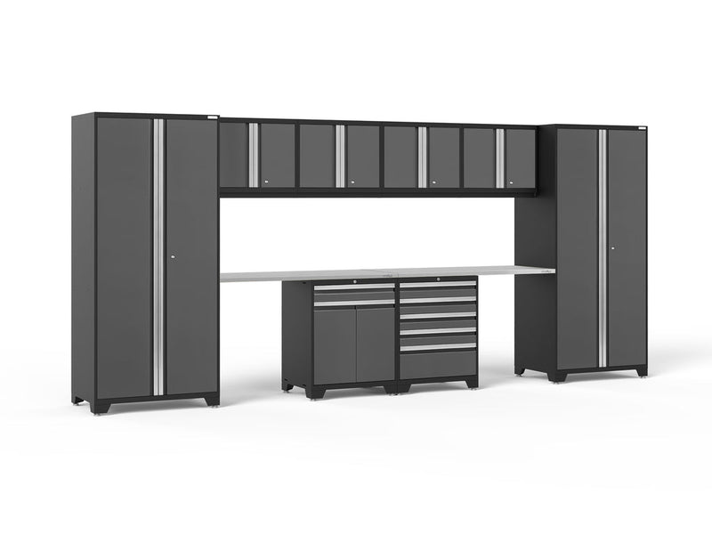 NewAge Pro Series Gray 10 Piece Cabinet Set with Wall, Tool Drawer, Multi-Function Cabinet, Lockers and 112 in. Worktop