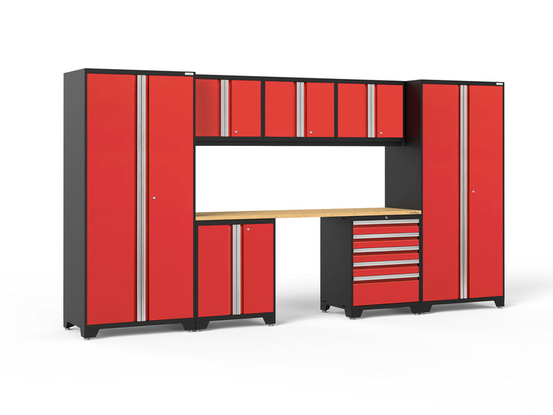 NewAge Pro Series 8 Piece Cabinet Set with Wall, Base, Tool Drawer Cabinet, Lockers and 84 in. Worktop