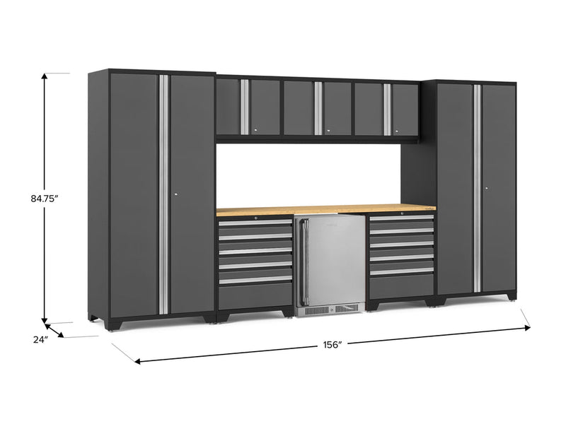 NewAge Pro Series 9 Piece Cabinet Set with Wall, Tool Drawer Cabinet, Lockers, and Stainless Steel Door Fridge