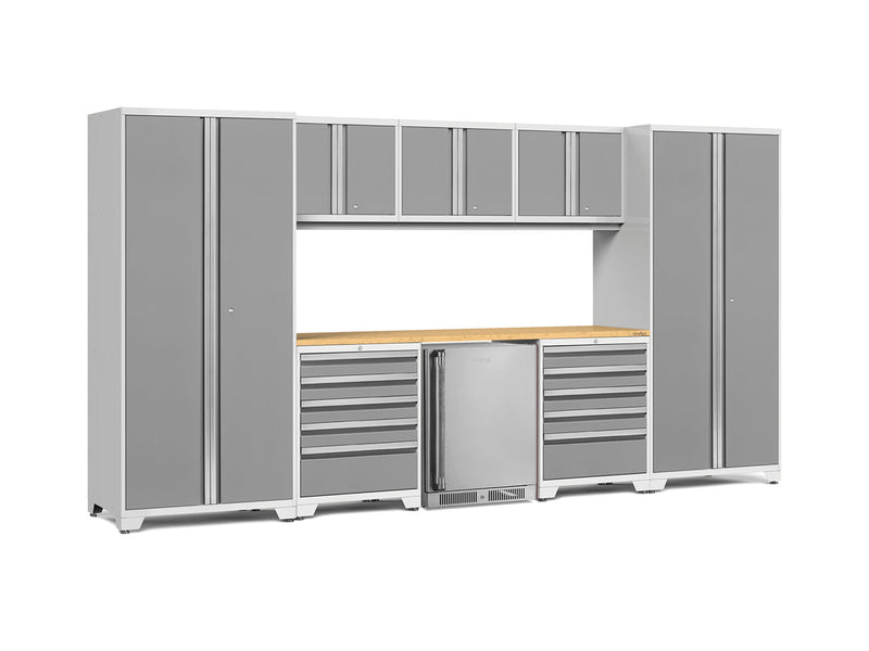NewAge Pro Series 9 Piece Cabinet Set with Wall, Tool Drawer Cabinet, Lockers, and Stainless Steel Door Fridge