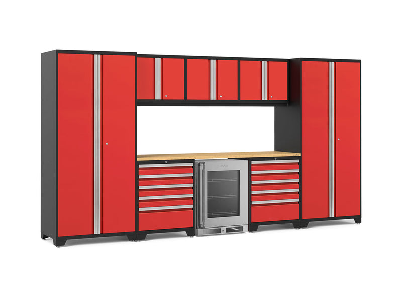 NewAge Pro Series 9 Piece Cabinet Set with Wall, Tool Drawer Cabinet, Lockers, and Glass Door Fridge