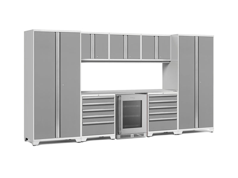 NewAge Pro Series 9 Piece Cabinet Set with Wall, Tool Drawer Cabinet, Lockers, and Glass Door Fridge