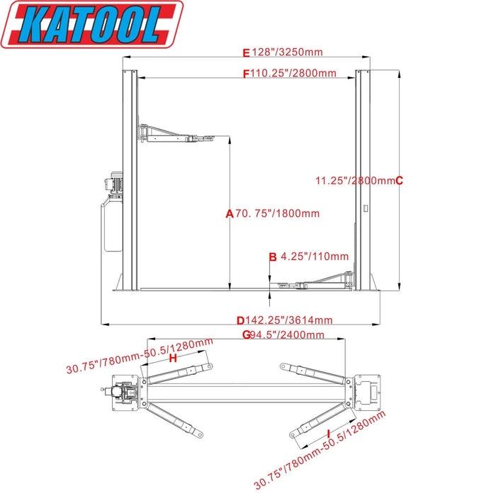 Katool KT-H100 Two Post Vehicle Lift 10,000lbs