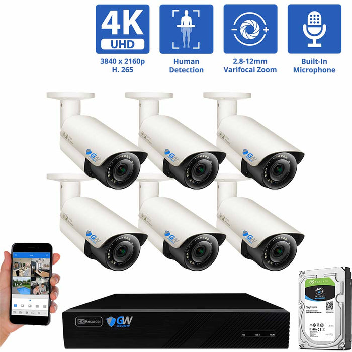 GW Security 8 Channel NVR Security Camera System with 6 * 8MP IP Bullet 2.8-12mm Varifocal Lens Camera, Human Detection, 4X Optical Zoom, Built-In Microphone, PoE