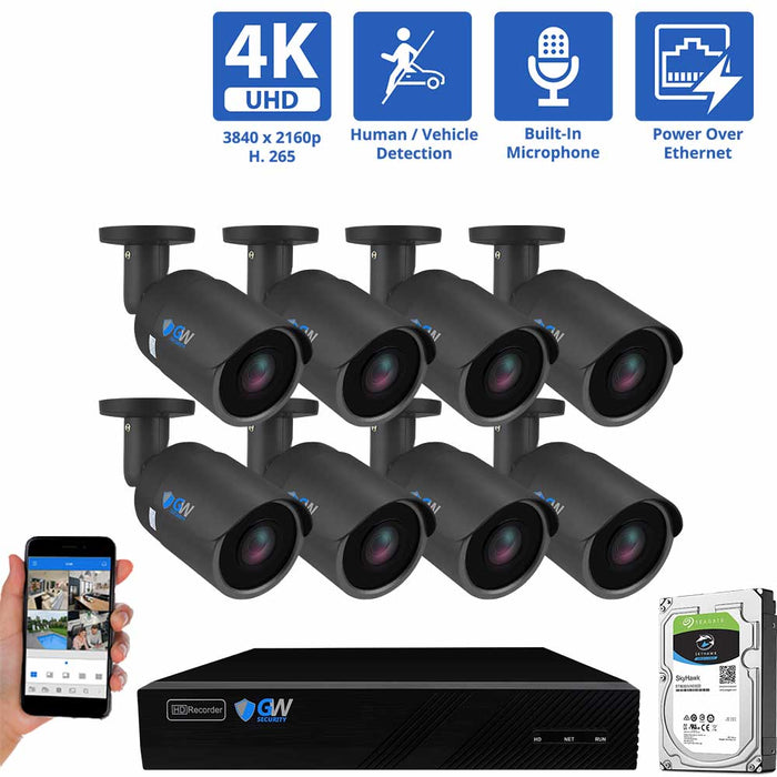 GW Security 8 Channel NVR Security Camera System with 8 * 8MP IP Bullet 2.8mm Fixed Lens Camera, Built-In Microphone, Human / Vehicle Detection