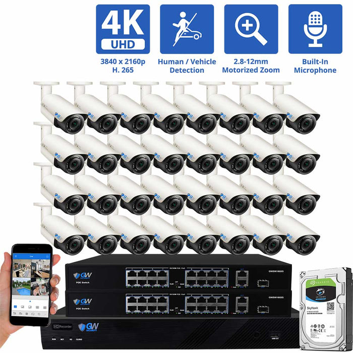 GW Security 32 Channel NVR Security Camera System with 32 * 8MP IP Bullet 2.8-12mm Motorized Lens Camera, Human / Vehicle Detection, 4X Optical Zoom, Built-In Microphone, PoE