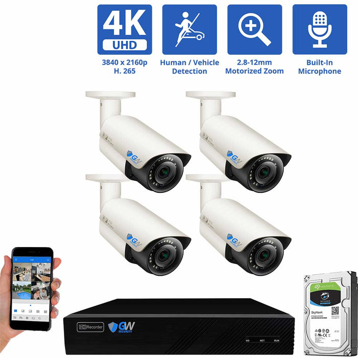 GW Security 8 Channel NVR Security Camera System with 4 * 8MP IP Bullet 2.8-12mm Motorized Lens Camera, Human / Vehicle Detection, 4X Optical Zoom, Built-In Microphone, PoE