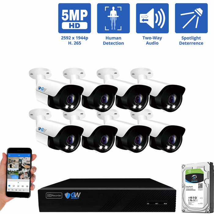 GW Security 8 Channel NVR Security Camera System with 8 * 5MP IP Bullet 2.8mm Fixed Lens Camera, Two-Way Audio, Full-time Color Night Vision, Spotlight, PoE