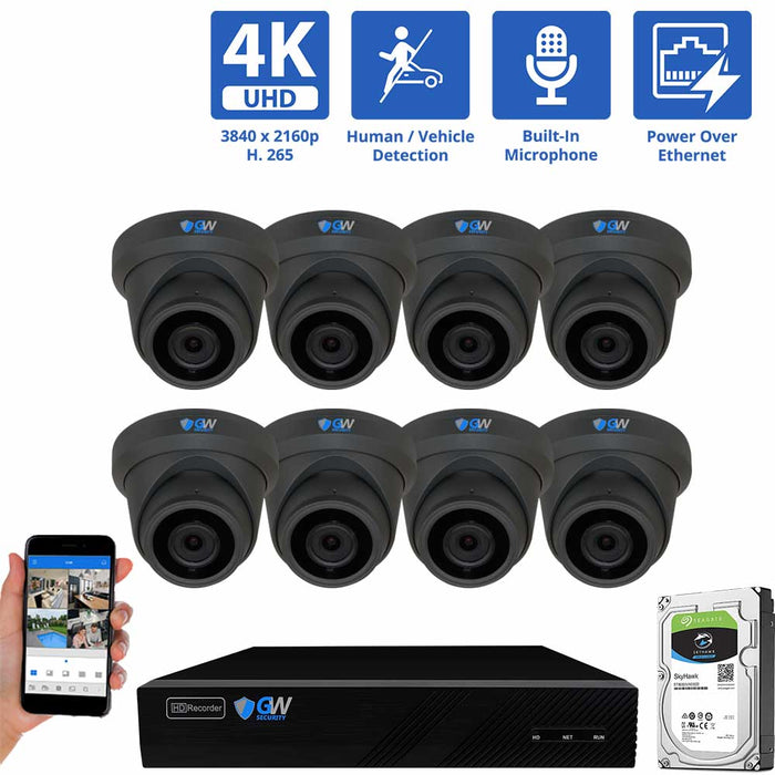 GW Security 8 Channel NVR Security Camera System with 8 * 8MP IP Turret 2.8mm Fixed Lens Camera, Human Detection, Built-In Microphone, PoE