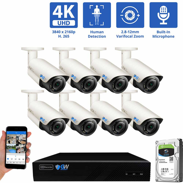 GW Security 8 Channel NVR Security Camera System with 8 * 8MP IP Bullet 2.8-12mm Varifocal Lens Camera, Human / Vehicle Detection, 4X Optical Zoom, Built-In Microphone, PoE