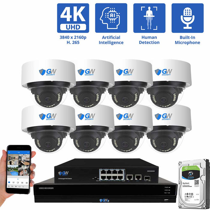 GW Security 16 Channel NVR Security Camera System with 8 * 8MP IP Dome 2.8mm Fixed Lens Camera, 15 AI Smart Functions, Human Detection, Built-In Microphone, PoE