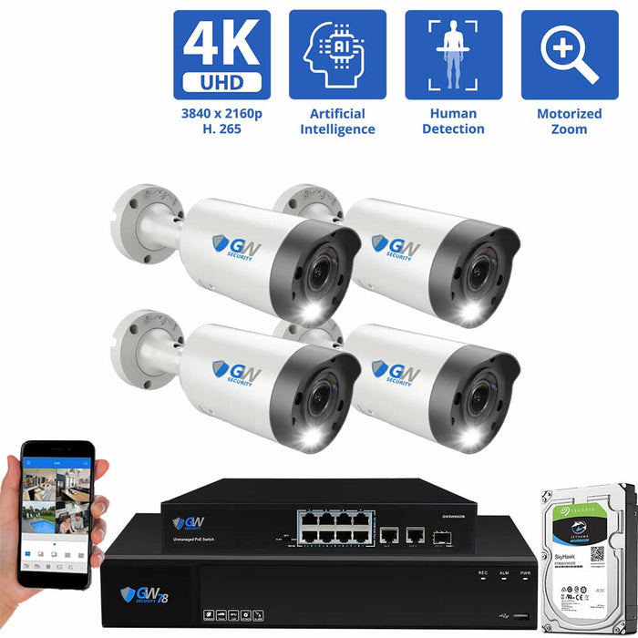 GW Security 8 Channel NVR Security Camera System with 4 * 8MP IP Bullet 2.7-13.5mm Motorized Lens Camera, 15 AI Smart Functions, Human Detection, Built-In Microphone, 5X Optical Zoom