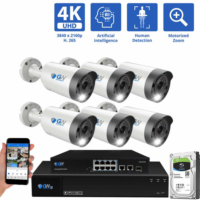 GW Security 8 Channel NVR Security Camera System with 6 * 8MP IP Bullet 2.7-13.5mm Motorized Lens Camera, 15 AI Smart Functions, Human Detection, Built-In Microphone, 5X Optical Zoom