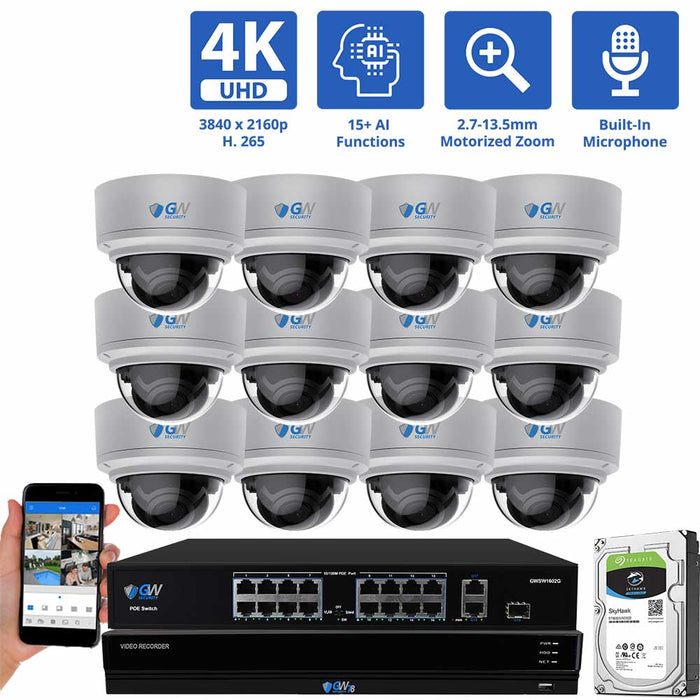 GW Security 16 Channel Security Camera System, 16ch 4K NVR & 12 x 8MP 4K UHD-IP PoE  2.7-13.5mm Motorized Lens 5X Optical Zoom Dome Security Camera with built-in Microphone