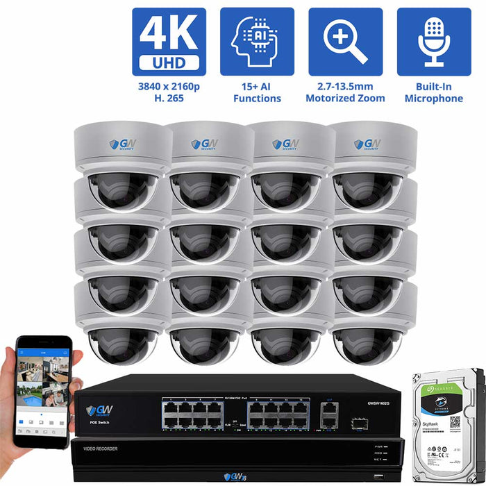 GW Security 16 Channel Security Camera System, 16ch 4K NVR & 16 x 8MP 4K UHD-IP PoE  2.7-13.5mm Motorized Lens 5X Optical Zoom Dome Security Camera with built-in Microphone