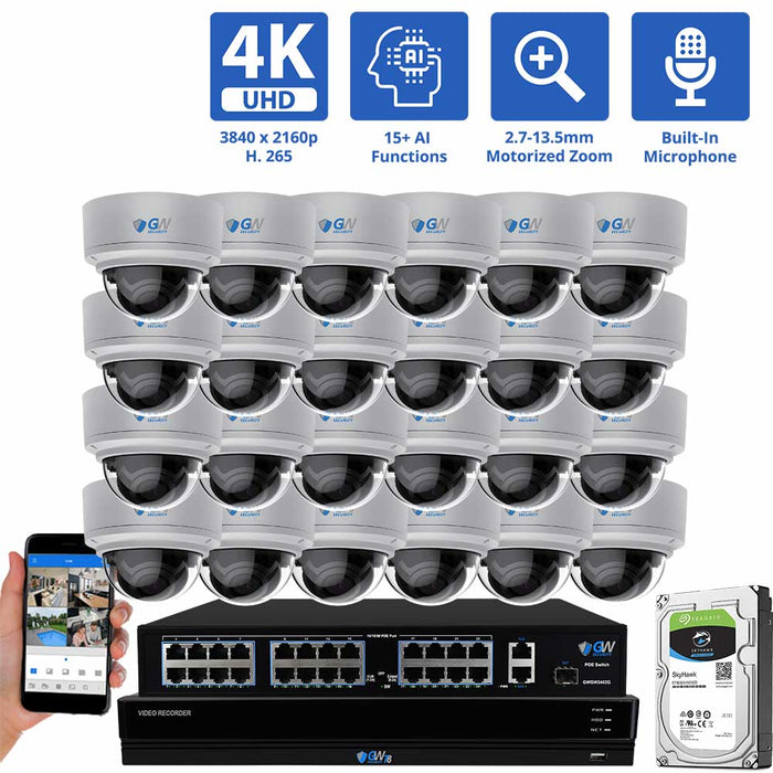 GW Security 32 Channel Security Camera System, 32ch 4K NVR & 24 x 8MP 4K UHD-IP PoE  2.7-13.5mm Motorized Lens 5X Optical Zoom Dome Security Camera with built-in Microphone