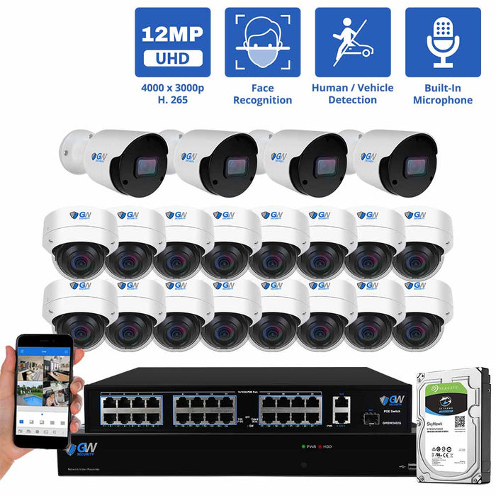 GW Security 32 Channel NVR Security Camera System with 4* 12MP IP Bullet 3.6mm Fixed Lens Camera & 16 * 8MP IP Dome 2.8mm Fixed Lens Camera, Face Recognition, Human / Vehicle Detection, Built-In Microphone, PoE