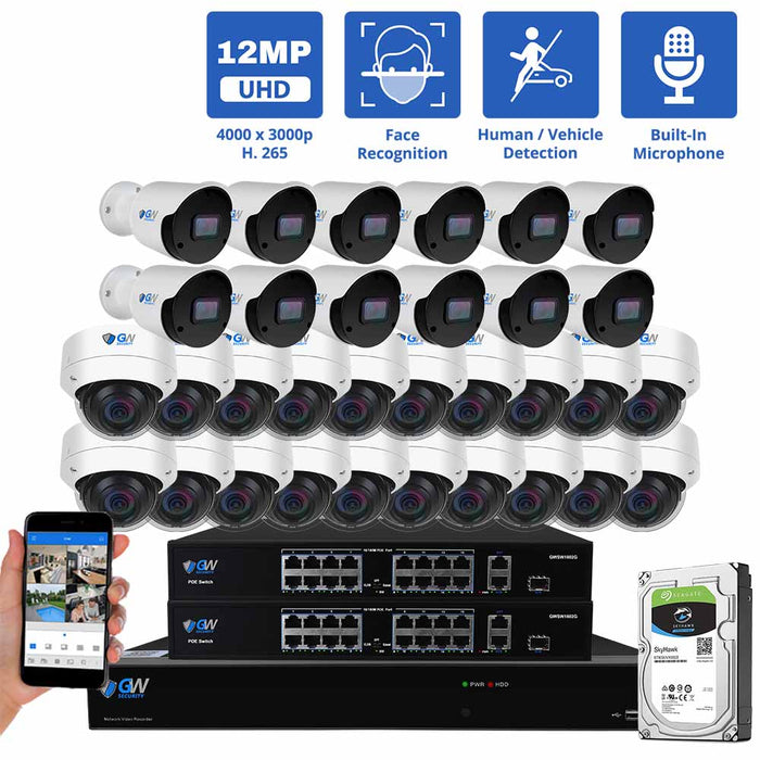 GW Security 32 Channel NVR Security Camera System with 12 * 12MP IP Bullet 3.6mm Fixed Lens Camera & 20 * 8MP IP Dome 2.8mm Fixed Lens Camera, Face Recognition, Human / Vehicle Detection, Built-In Microphone, PoE