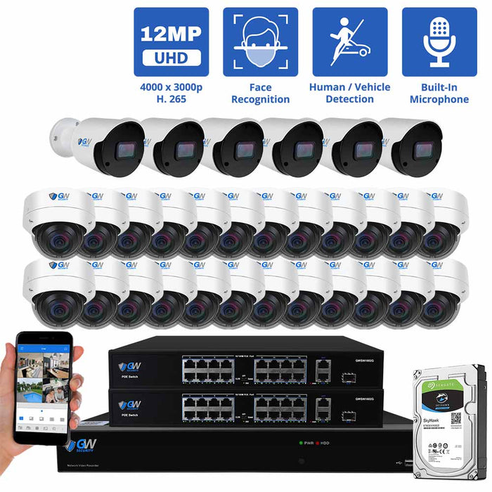 GW Security 32 Channel NVR Security Camera System with 6 * 12MP IP Bullet 3.6mm Fixed Lens Camera & 24 * 8MP IP Dome 2.8mm Fixed Lens Camera, Face Recognition, Human / Vehicle Detection, Built-In Microphone, PoE