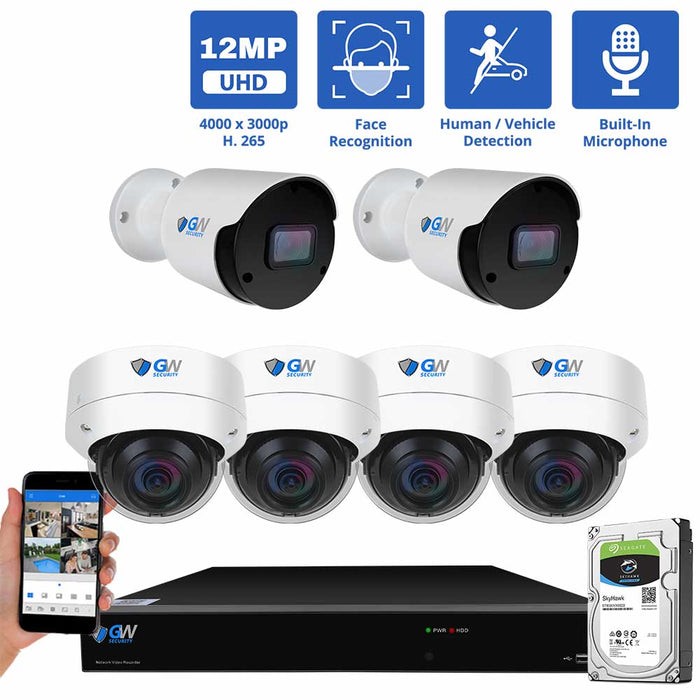 GW Security 8 Channel NVR Security Camera System with 2 * 12MP IP Bullet 3.6mm Fixed Lens Camera & 4 * 8MP IP Dome 2.8mm Fixed Lens Camera, Face Recognition, Human / Vehicle Detection, Built-In Microphone, PoE