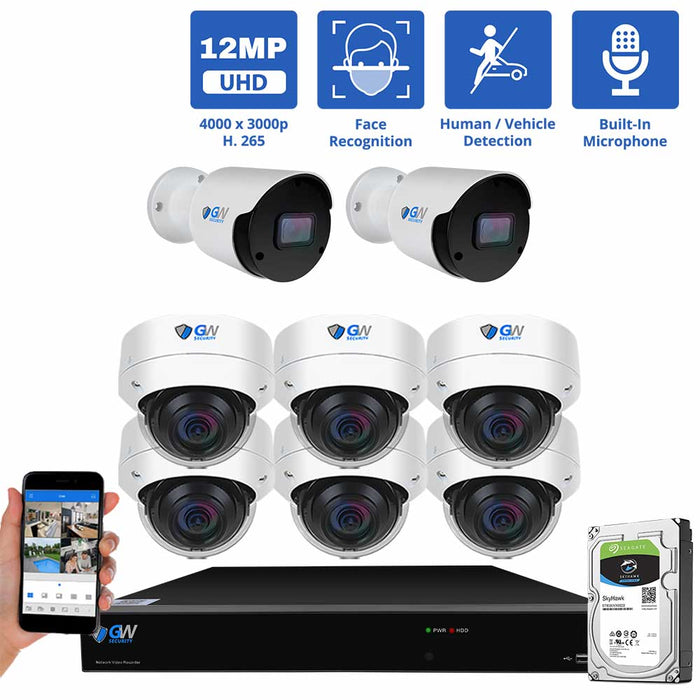 GW Security 16 Channel NVR Security Camera System with 2 * 12MP IP Bullet 3.6mm Fixed Lens Camera & 8 * 8MP IP Dome 2.8mm Fixed Lens Camera, Face Recognition, Human / Vehicle Detection, Built-In Microphone, PoE