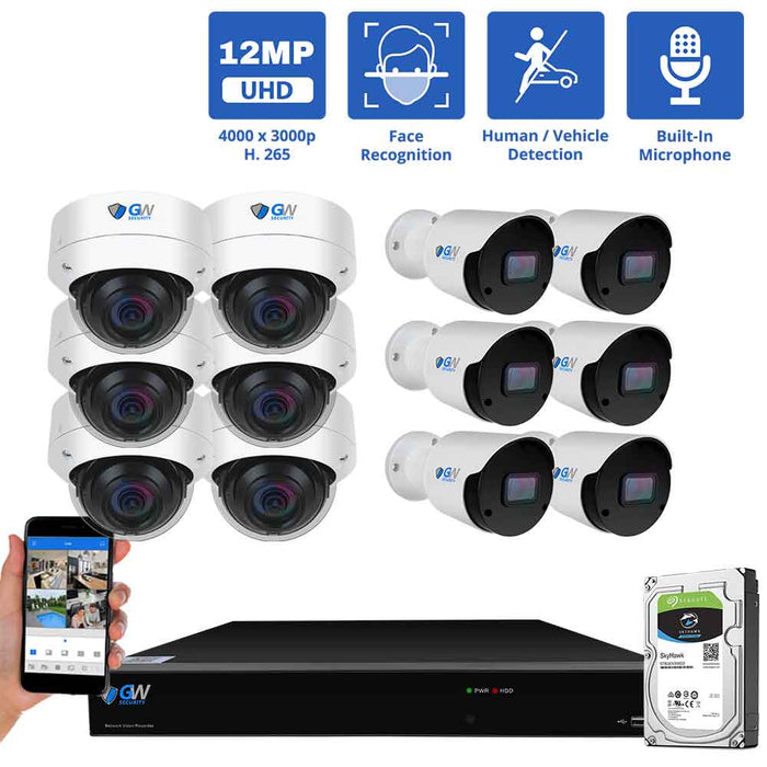 GW Security 16 Channel NVR Security Camera System with 6 * 12MP IP Bullet 3.6mm Fixed Lens Camera & 6 * 8MP IP Dome 2.8mm Fixed Lens Camera, Face Recognition, Human / Vehicle Detection, Built-In Microphone, PoE