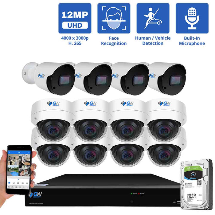 GW Security 16 Channel NVR Security Camera System with 4 * 12MP IP Bullet 3.6mm Fixed Lens Camera & 8 * 8MP IP Dome 2.8mm Fixed Lens Camera, Face Recognition, Human / Vehicle Detection, Built-In Microphone, PoE