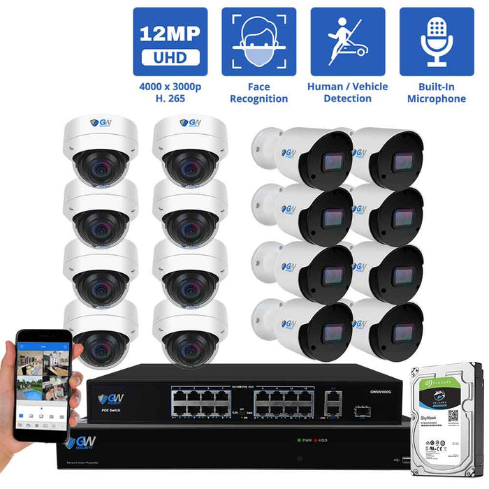 GW Security 32 Channel NVR Security Camera System with 8 * 12MP IP Bullet 3.6mm Fixed Lens Camera & 8 * 8MP IP Dome 2.8mm Fixed Lens Camera, Face Recognition, Human / Vehicle Detection, Built-In Microphone, PoE