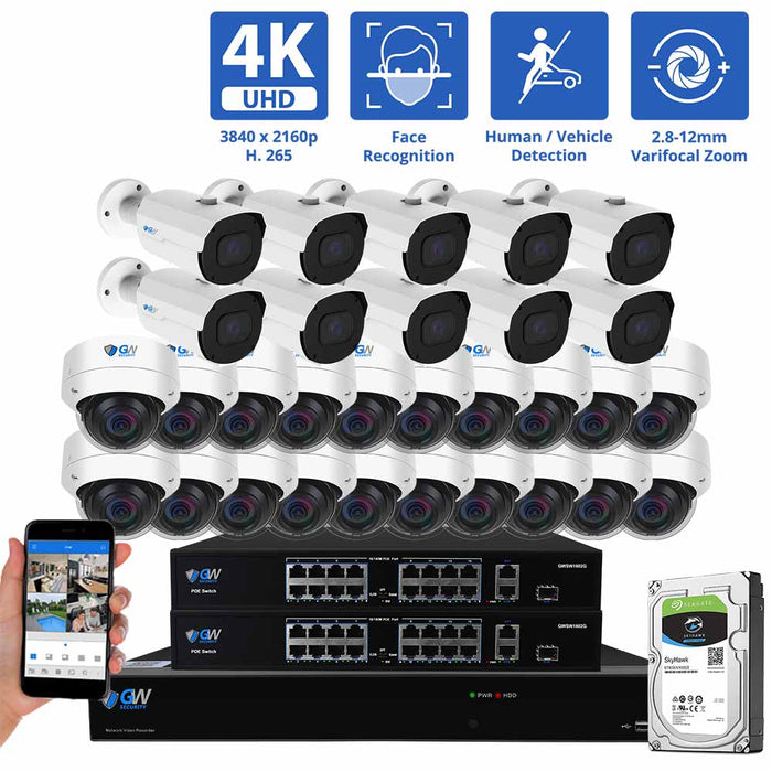 GW Security 32 Channel NVR Security Camera System with 12 * 8MP IP Bullet 2.8mm-12mm Varifocal Lens Camera, Face Recognition &  20 * 8MP IP Dome 2.8mm Fixed Lens Camera, Human / Vehicle Detection, 4X Optical Zoom, Built-In Microphone