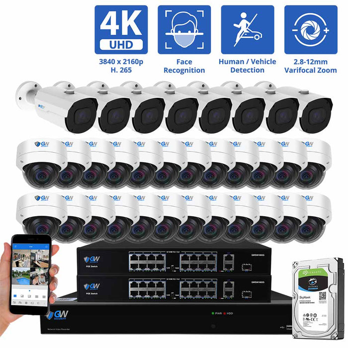 GW Security 32 Channel NVR Security Camera System with 8 * 8MP IP Bullet 2.8mm-12mm Varifocal Lens Camera, Face Recognition &  24 * 8MP IP Dome 2.8mm Fixed Lens Camera, Human / Vehicle Detection, 4X Optical Zoom, Built-In Microphone