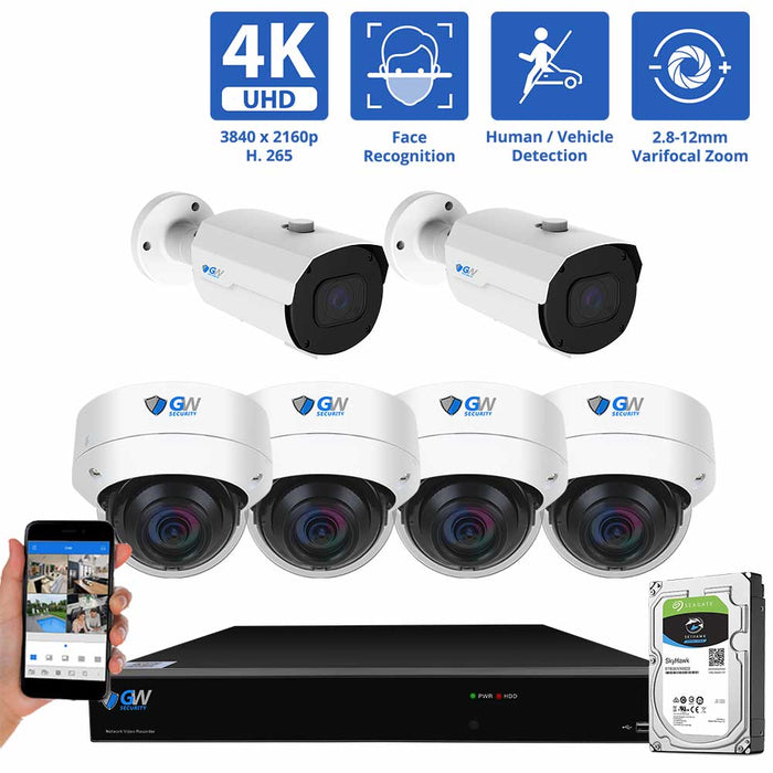 GW Security 8 Channel NVR Security Camera System with 2 * 8MP IP Bullet 2.8mm-12mm Varifocal Lens Camera, Face Recognition &  4 * 8MP IP Dome 2.8mm Fixed Lens Camera, Human / Vehicle Detection, 4X Optical Zoom, Built-In Microphone