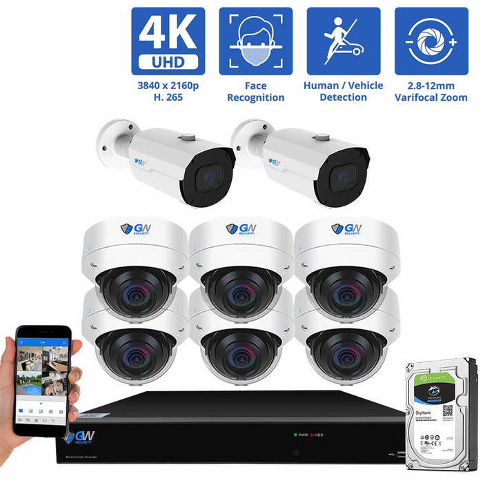 GW Security 8 Channel NVR Security Camera System with 2 * 8MP IP Bullet 2.8mm-12mm Varifocal Lens Camera, Face Recognition &  6 * 8MP IP Dome 2.8mm Fixed Lens Camera, Human / Vehicle Detection, 4X Optical Zoom, Built-In Microphone