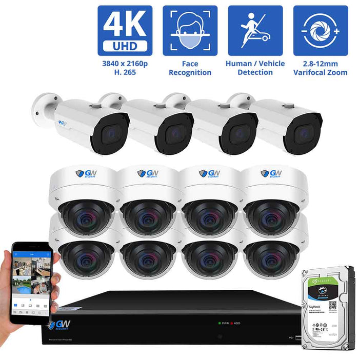 GW Security 16 Channel NVR Security Camera System with 4 * 8MP IP Bullet 2.8mm-12mm Varifocal Lens Camera, Face Recognition &  8 * 8MP IP Dome 2.8mm Fixed Lens Camera, Human / Vehicle Detection, 4X Optical Zoom, Built-In Microphone