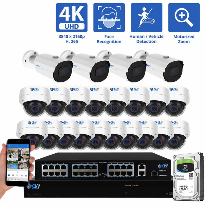 GW Security 32 Channel NVR Security Camera System with 4 * 8MP IP Bullet 2.8mm-12mm Motorized Lens Camera & 20 * 8MP IP Dome 2.8mm Fixed Lens Camera, Face Recognition, Human / Vehicle Detection, 4X Optical Zoom, Built-In Microphone, PoE