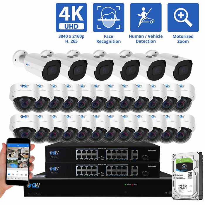 GW Security 32 Channel NVR Security Camera System with 6 * 8MP IP Bullet 2.8mm-12mm Motorized Lens Camera & 24 * 8MP IP Dome 2.8mm Fixed Lens Camera, Face Recognition, Human / Vehicle Detection, 4X Optical Zoom, Built-In Microphone, PoE