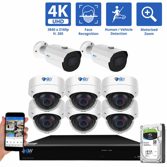 GW Security 8 Channel NVR Security Camera System with 2 * 8MP IP Bullet 2.8mm-12mm Motorized Lens Camera & 8 * 8MP IP Dome 2.8mm Fixed Lens Camera, Face Recognition, Human / Vehicle Detection, 4X Optical Zoom, Built-In Microphone, PoE